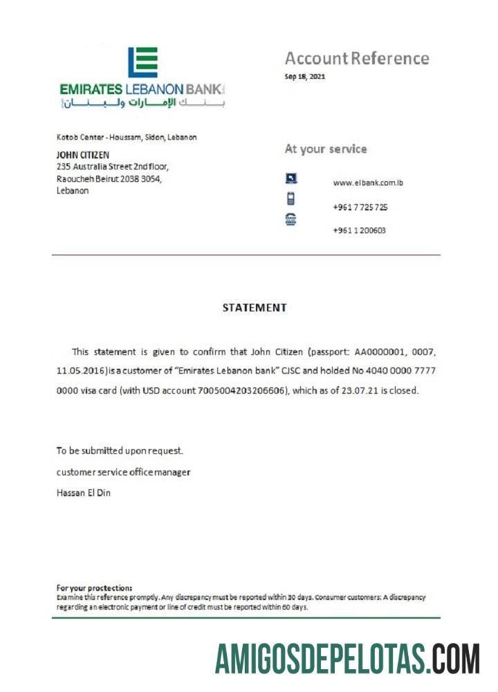 Referência de fechamento do banco Líbano Emirates Líbano exemplo real